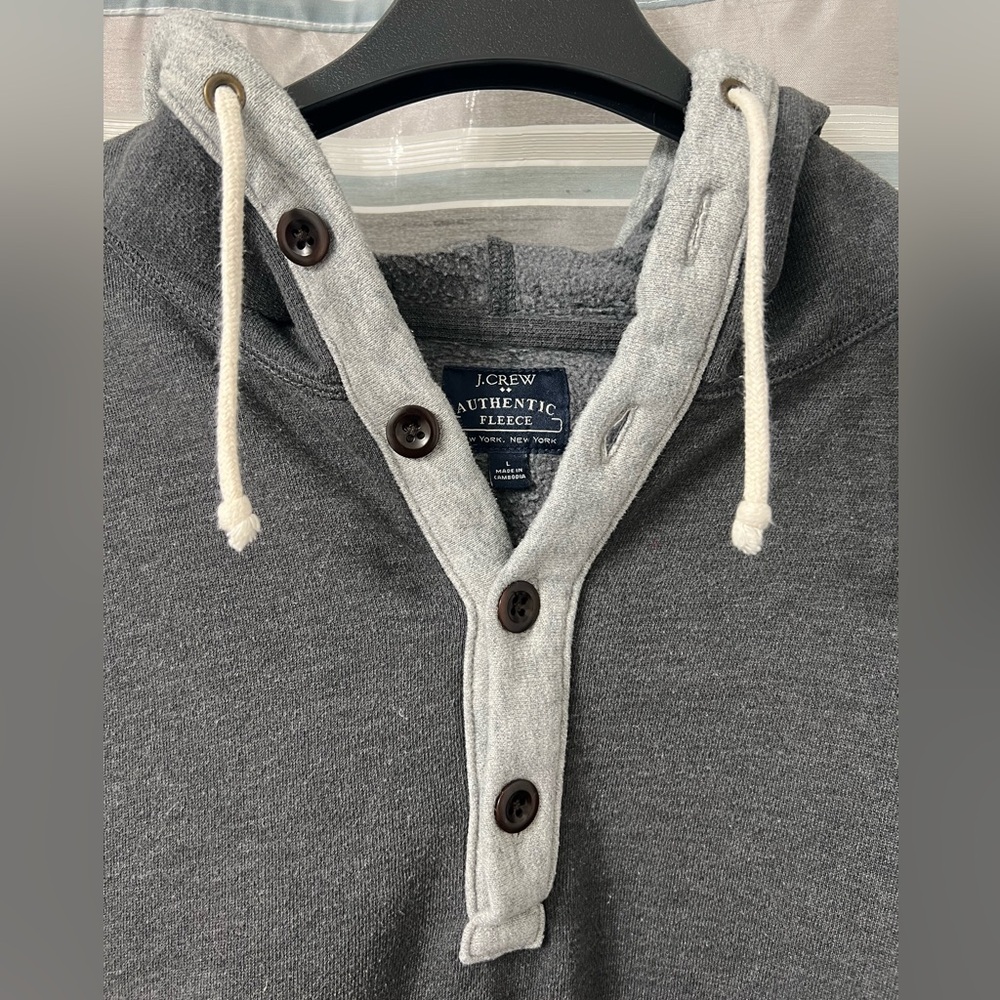 J. Crew Authentic Fleece Pullover Gray Hoodie with Button Detail - Picture 3 of 7